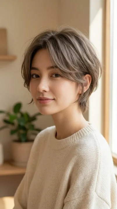 A woman with a grown-out pixie at an intentional in-between length with soft face-framing layers and natural movement, one of the most underappreciated yet stylish haircut trends for 2026, captured in ash brown tones under gentle natural daylight.