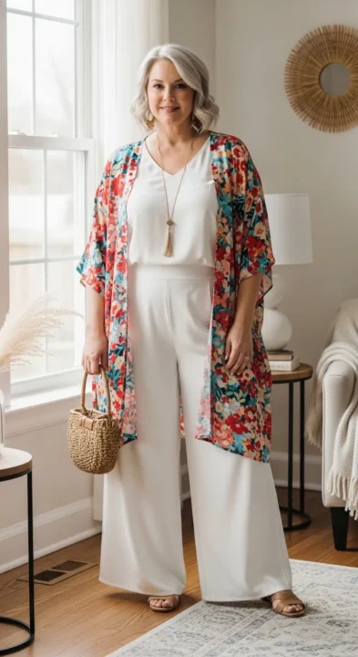 Boho outfit ideas for plus size women over 50 styling a lightweight kimono over simple basics for an effortless look.