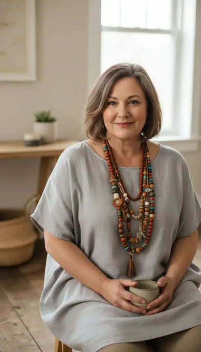 Boho outfit ideas for plus size women over 50 styled with layered beaded jewelry for a complete look.