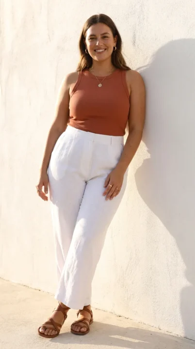 A plus-size woman in her late 20s wearing high-waisted wide-leg white linen pants and a tucked terracotta ribbed crop tank top, strappy flat sandals, minimal gold jewelry, standing against a whitewashed wall in bright afternoon sun, clean editorial aesthetic, natural poses