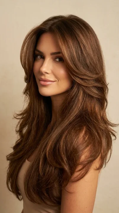 A woman with long voluminous hair featuring sweeping strategic layers creating dramatic body and movement throughout, one of the most glamorous and enduring haircut trends for 2026, styled in rich warm brunette tones under soft golden studio lighting.
