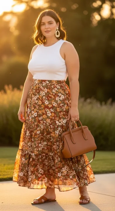Plus size woman wearing tiered floral maxi skirt with fitted white tank top — curvy women summer maxi skirt outfit idea