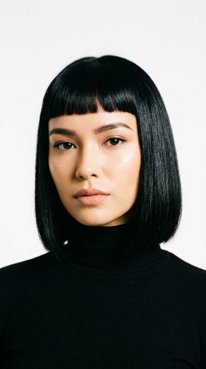 A close-up portrait of a woman with a bold micro fringe bang sitting above the eyebrows, a sharp and fashion-forward 2026 haircut trend, styled with sleek straight black hair under cool studio lighting.