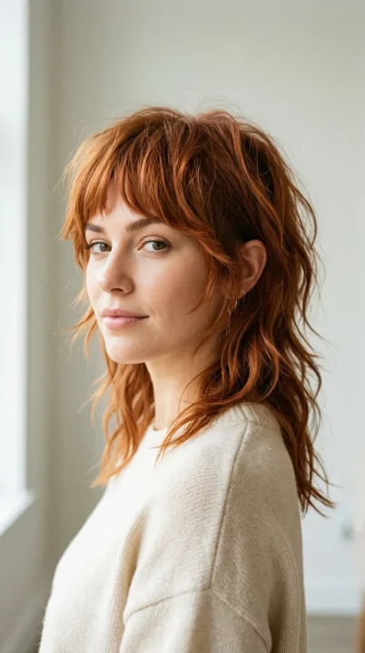 A woman with a modern mullet featuring a short cropped front and longer textured layers at the back, one of the most fashion-forward and daring haircut trends for 2026, styled in warm copper red tones under soft natural daylight.