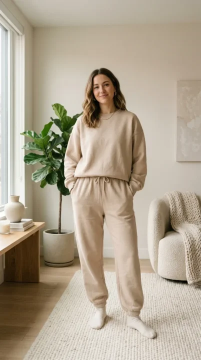 outfit ideas women baggy monochrome set neutral tones oversized sweat set aesthetic comfy outfit