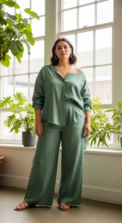 Plus size woman in matching sage green linen co-ord set — monochrome plus size summer outfit idea for curvy women