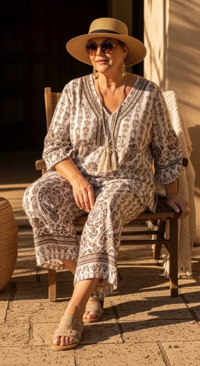 Boho outfit ideas for plus size women over 50 paired with neutral sandals for a balanced finish.