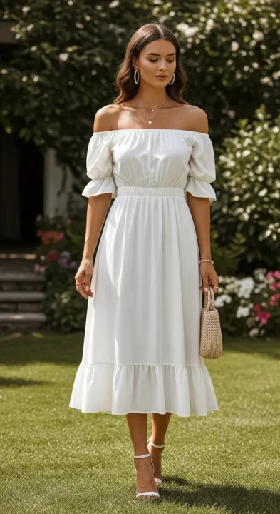 OFF-SHOULDER WHITE MIDI DRESS