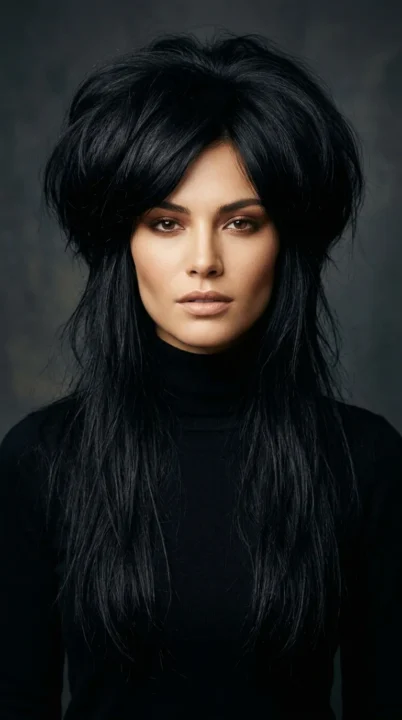 A woman with an octopus haircut showing a voluminous rounded crown and long thin flowing layers underneath, one of the most visually dramatic and unique haircut trends for 2026, photographed in deep black hair under warm studio lighting.
