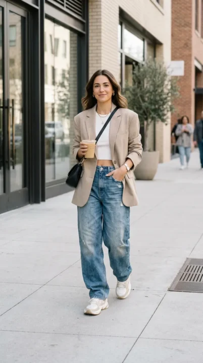 Baggy Outfit Ideas Women oversized blazer with loose jeans and structured casual street style look