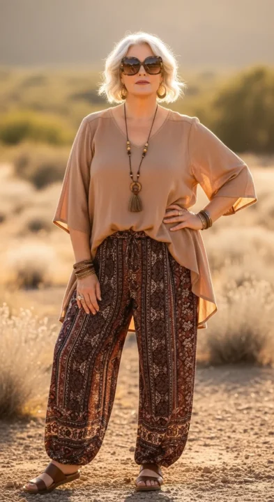 Boho outfit ideas for plus size women over 50 styled with oversized sunglasses for a polished touch.