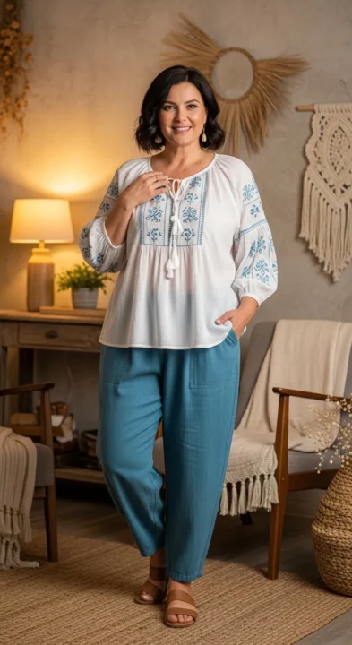 Boho outfit ideas for plus size women over 50 pairing a loose peasant blouse with comfortable bottoms.