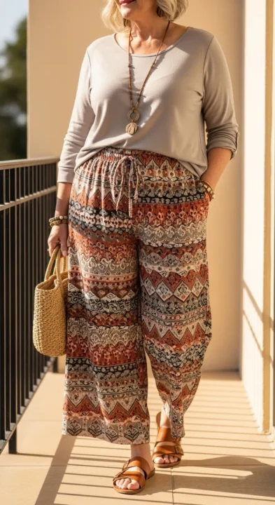 Boho outfit ideas for plus size women over 50 styling printed palazzo pants with a simple top.