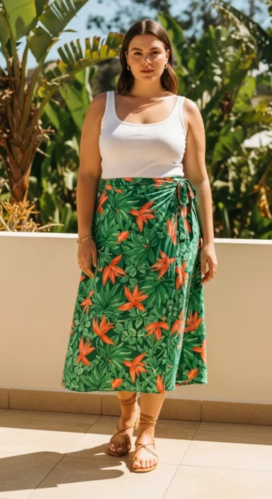 Plus size woman in tropical printed midi wrap skirt with white camisole — curvy women summer wrap skirt outfit idea