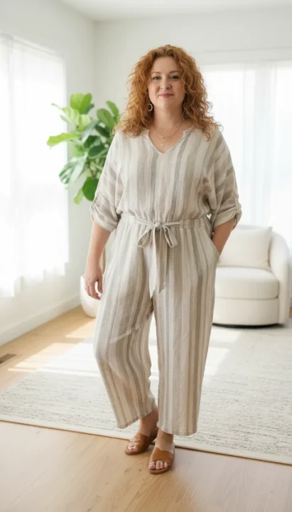 Boho outfit ideas for plus size women over 50 with a relaxed, flowy jumpsuit for easy styling.