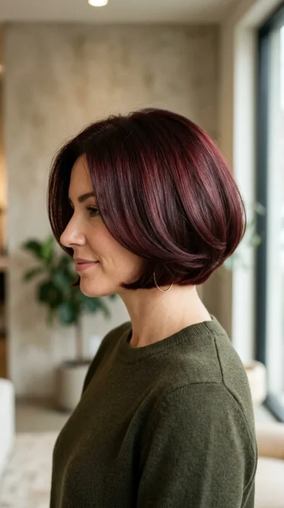 A woman with a perfectly rounded bob curving softly at the nape with full voluminous sides, one of the most polished and universally flattering haircut trends for 2026, styled in deep burgundy under warm indoor lighting.