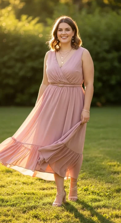 Plus size woman in dusty rose ruffle hem midi dress with belt — curvy women summer ruffle dress outfit idea