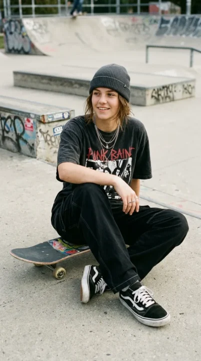 outfit ideas women baggy skater girl style oversized tee and loose jeans streetwear look