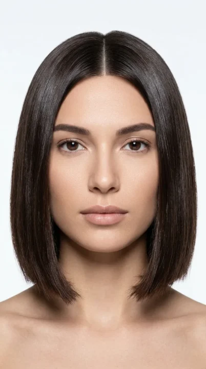 A woman with a sleek chin-length bob parted precisely down the center with a mirror-smooth glossy finish, one of the most Pinterest-worthy and viral haircut trends for 2026, photographed in deep espresso brown under cool soft studio lighting.