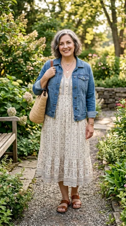 Boho outfit ideas for plus size women over 50 layering a soft denim jacket over a flowy outfit.