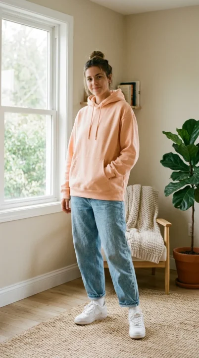 outfit ideas women baggy hoodie with loose jeans cozy casual everyday outfit women