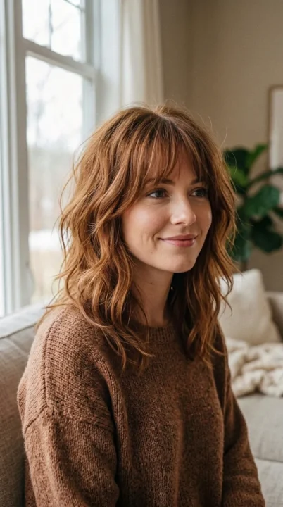 A woman with a soft shag haircut featuring wispy curtain bangs and feathered layers throughout, one of the most effortless and romantic haircut trends for 2026, styled in warm auburn tones under soft diffused natural light.