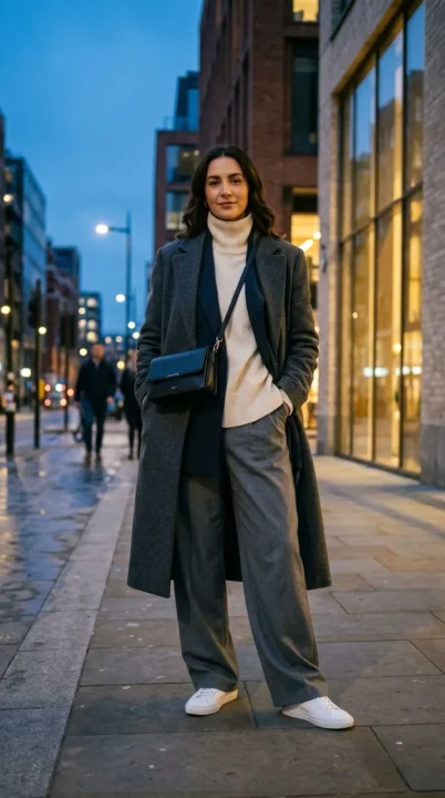 outfit ideas women baggy layered outfit oversized coat with loose pants structured style