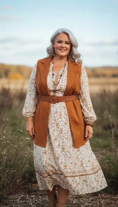 Boho outfit ideas for plus size women over 50 featuring a suede vest layered over flowy pieces.