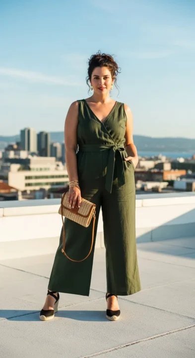 Plus size woman wearing wide-leg linen jumpsuit in olive green with wedge sandals — curvy women summer jumpsuit outfit