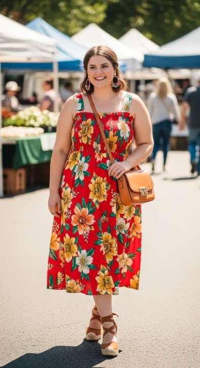 Plus size woman in affordable floral smocked sundress with wedge sandals — budget plus size summer sundress outfit