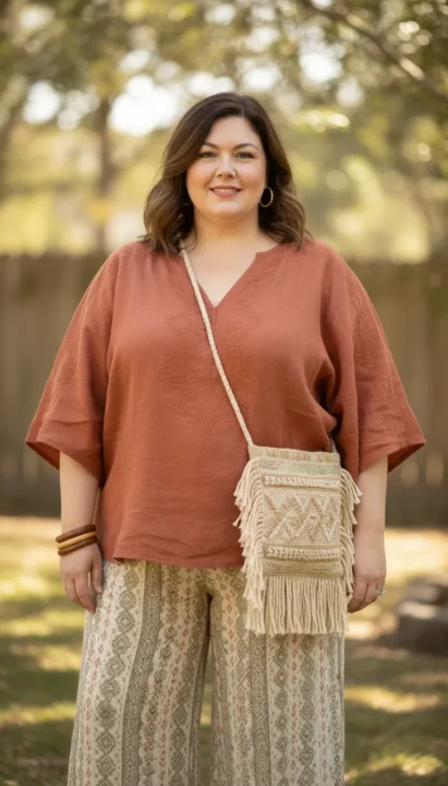 Boho outfit ideas for plus size women over 50 featuring textured crossbody bags in woven or suede styles.