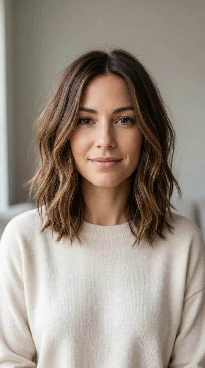 A woman with a collarbone-length textured lob featuring choppy ends and subtle face-framing layers, one of the most versatile and dependable haircut trends for 2026, styled in warm caramel brown tones under soft indoor light.