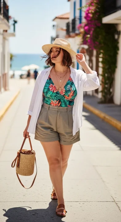 Plus size woman styling swimsuit to street outfit with linen shirt and shorts — curvy women summer swimwear to streetwear transition look