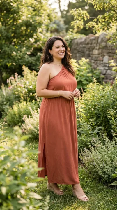 Plus size woman in one-shoulder terracotta maxi dress with wedge sandals — plus size summer maxi dress outfit