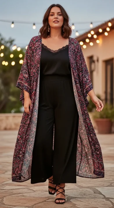 Plus size woman styling a printed kimono cardigan over cami and wide-leg pants — curvy women summer kimono outfit idea