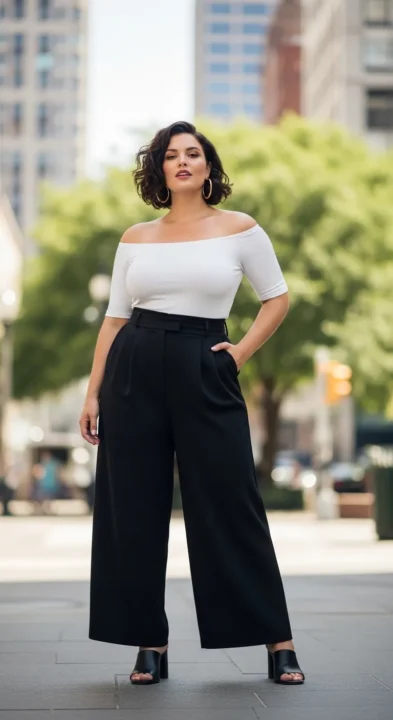 Plus size woman in white off-shoulder top and wide-leg trousers — curvy women summer off-shoulder outfit idea