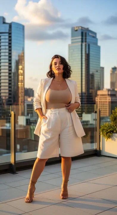 Plus size woman wearing cream linen blazer co-ord set with wide-leg shorts — curvy women summer blazer set outfit idea