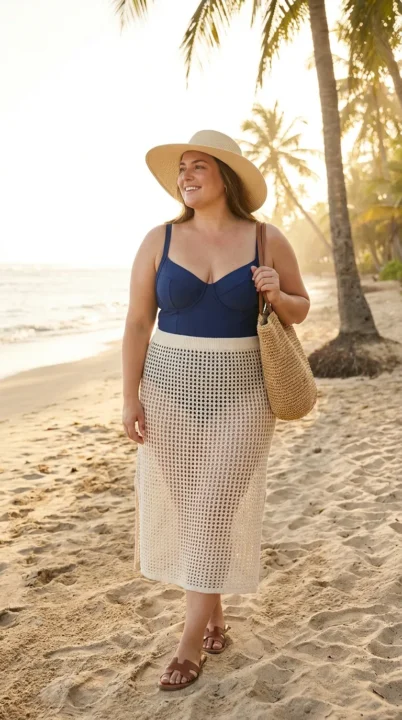 Plus size woman in crochet beach cover-up skirt and one-piece swimsuit — plus size summer beach outfit idea