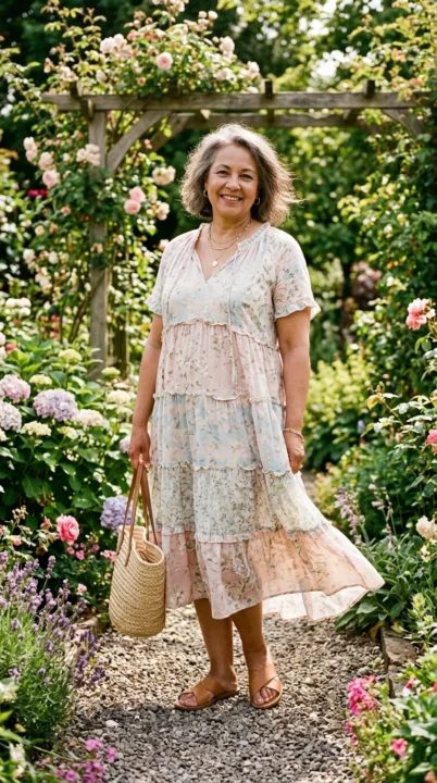 Boho outfit ideas for plus size women over 50 showcasing a tiered midi dress with flowy layers and soft movement.