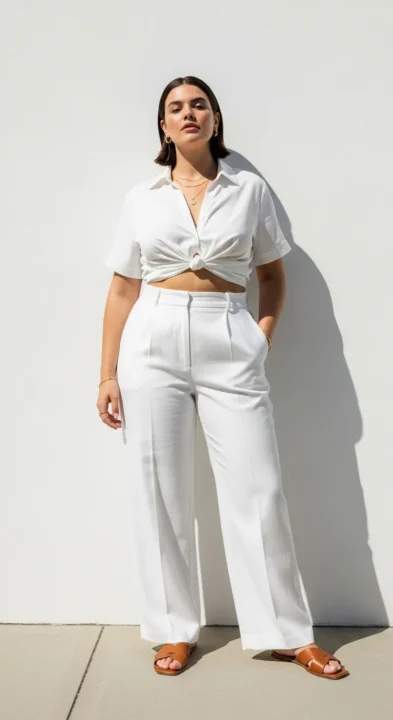 Plus size woman wearing all-white linen trousers and blouse outfit — curvy women all-white summer outfit idea