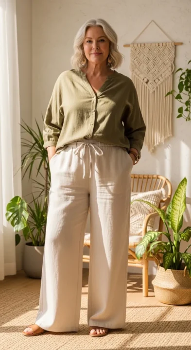 Boho outfit ideas for plus size women over 50 with a relaxed wide-leg linen set in breathable, natural fabric.