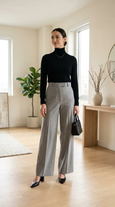 outfit ideas women baggy wide leg pants high waist elegant casual outfit women