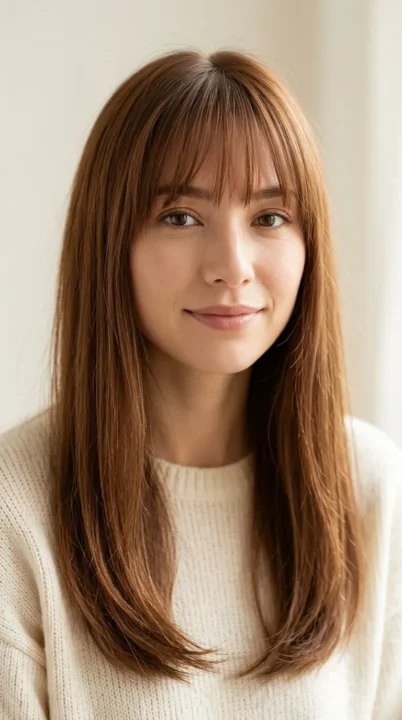 A woman with long straight hair and delicate wispy bangs falling softly across the forehead, one of the most universally flattering and low-commitment haircut trends for 2026, photographed in warm chestnut brown tones under soft natural window light.
