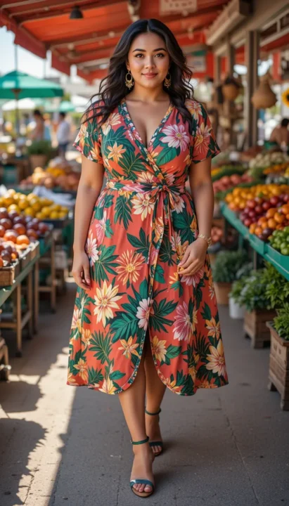Plus size woman in floral midi wrap dress with block heels — plus size summer wrap dress outfit idea