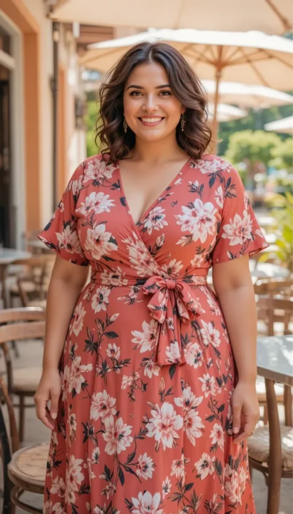 Confident plus size woman wearing a floral wrap dress in summer — Plus Size Summer Outfit Ideas inspiration