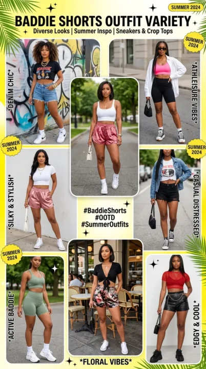 Different baddie summer outfits featuring denim, biker, and satin shorts styled with crop tops