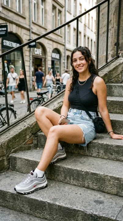 Woman styling Air Max 97 sneakers with denim shorts and fitted tank, trendy streetwear baddie outfit