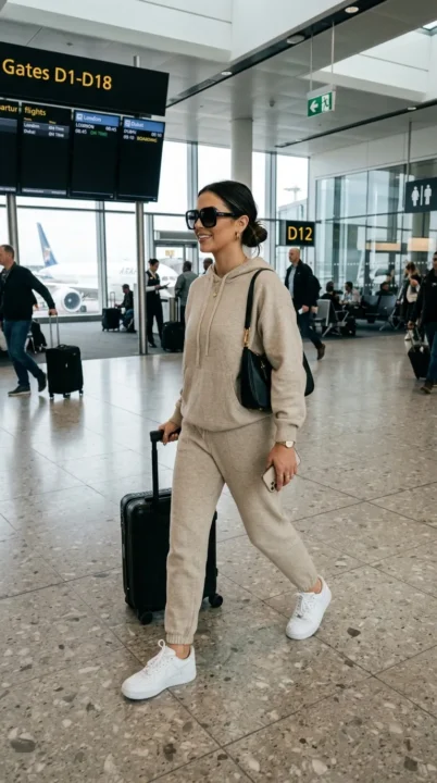 Airport baddie outfit with matching tracksuit, sunglasses, and sneakers, stylish travel look