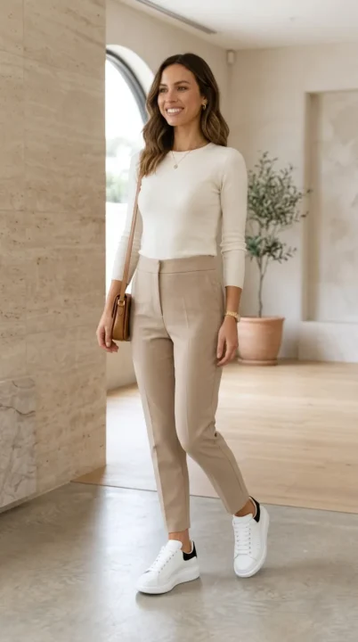 Luxury baddie outfit with Alexander McQueen sneakers, neutral tones, and tailored pieces