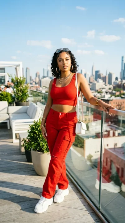 All-red American baddie summer outfit with bodycon dress and bold accessories, confident statement look